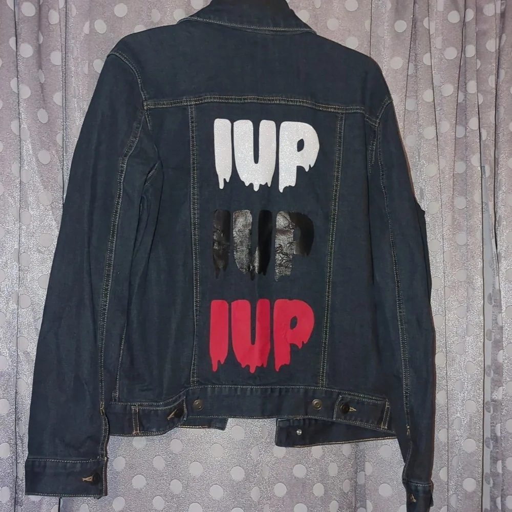Design by LEE LO Dark Denim Jacket with IUP on the Back Med